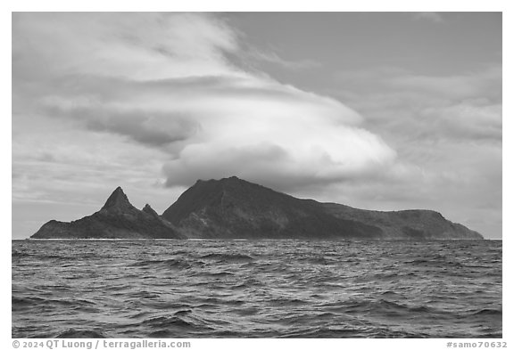 Sunuitao Peak and Tumu Mountain from the ocean. American Samoa (black and white)