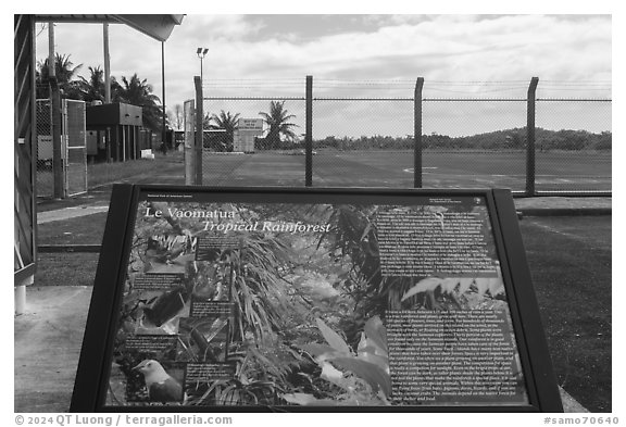 Tropical rainforest interpretive sign, Fitiuta Airport, Tau Island. National Park of American Samoa (black and white)