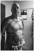 Manaia with Samoan tatoos, Tau Island. American Samoa ( black and white)