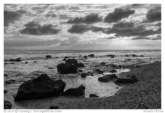 Sunrise from northside beach, Tau Island. American Samoa (black and white)