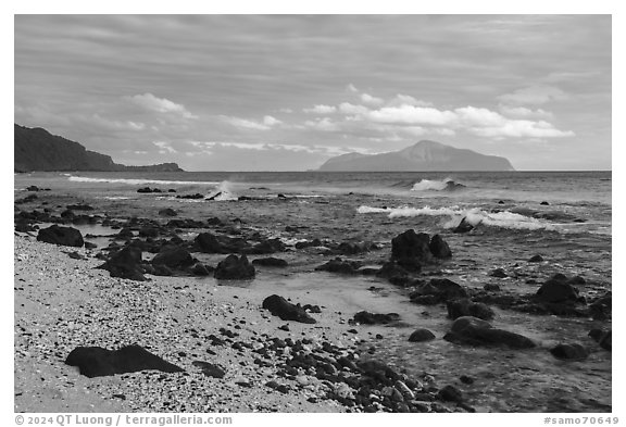 Olosega Island from northside beach, Tau Island. American Samoa (black and white)