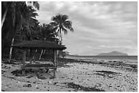 Beach shelter and Olosega Island, Tau Island. American Samoa ( black and white)