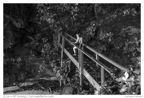 Hiker on staircase to beach, Fagatele Bay. Tutuila, American Samoa (black and white)