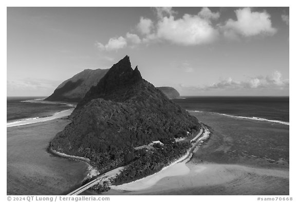 Aerial view of Ofu Island with Asaga Inn. American Samoa (black and white)