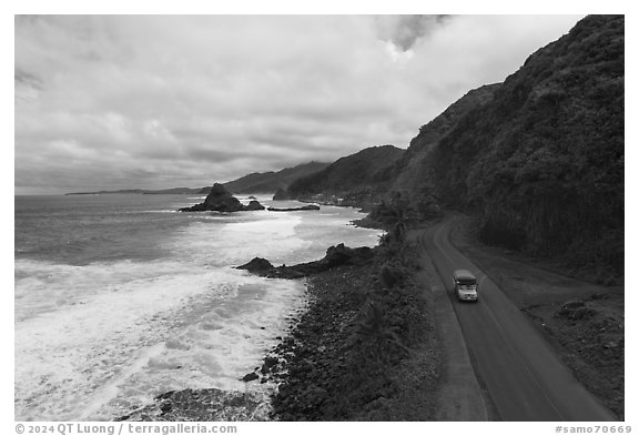 Aerial view of rockyshore near Maa Kamela. Tutuila, American Samoa (black and white)