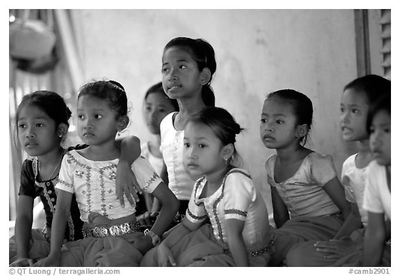 Girls learn traditional singing at  Apsara Arts  school. Phnom Penh, Cambodia (black and white)