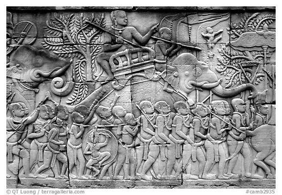 Bas reliefs, the Bayon. Angkor, Cambodia (black and white)