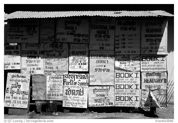 School bulletin board. Phnom Penh, Cambodia (black and white)