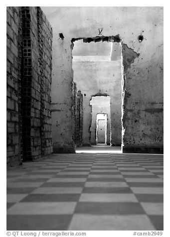 Tuol Sleng Genocide Museum, former school turned  Khmer Rouge detention center. Phnom Penh, Cambodia (black and white)