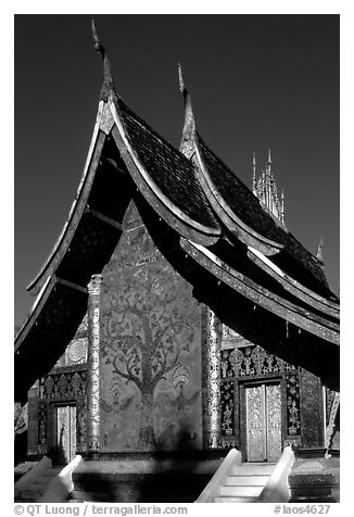 Rear of the Sim of Wat Xieng Thong with mosaic of the tree of life. Luang Prabang, Laos (black and white)