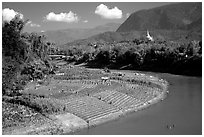 Fields on the banks of the Nam Khan river. Luang Prabang, Laos (black and white)