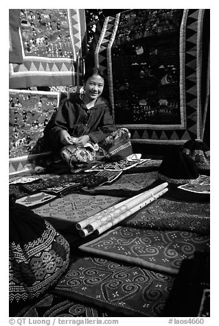 Young woman sells crafts on market. Luang Prabang, Laos (black and white)