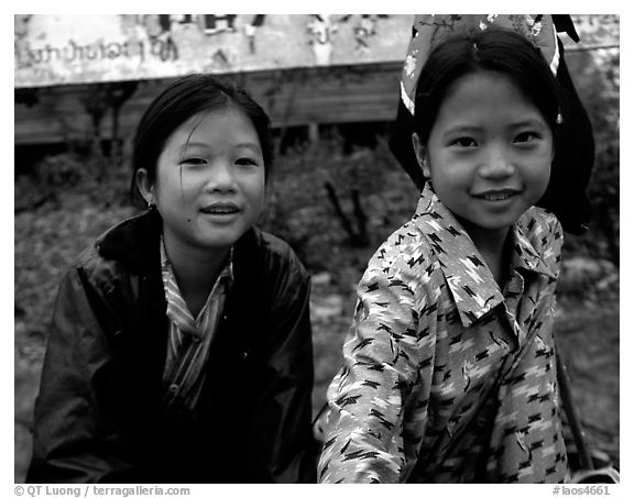 Two young girls at the market. Luang Prabang, Laos (black and white)