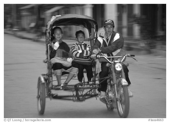 Motorized rickshaw, typical of this area. Luang Prabang, Laos (black and white)