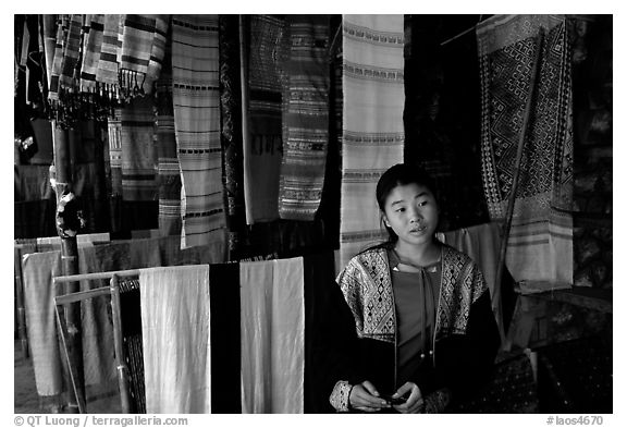 Crafts for sale in Ban Xang Hai village. Laos (black and white)