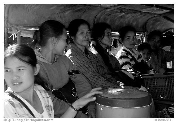 Women ride a bus, Huay Xai. Laos (black and white)
