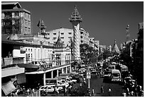 Mahabandoola Lan and the Sule Paya. Yangon, Myanmar (black and white)