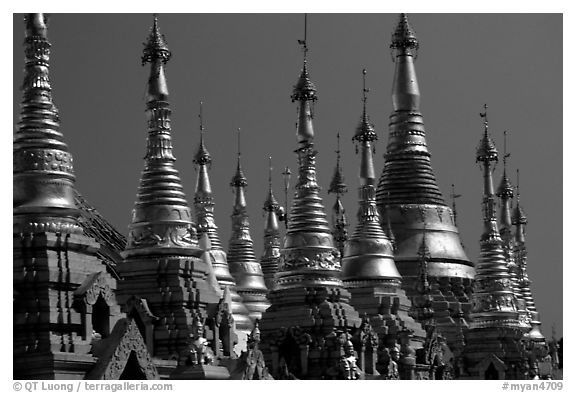 Stupas Shwedagon Paya. Yangon, Myanmar (black and white)