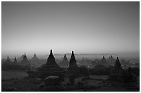 Sunrise over the plain doted with 2000 temples. Bagan, Myanmar (black and white)