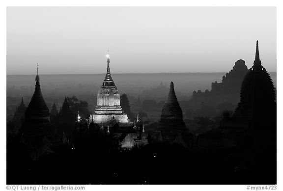 Illuminated pahto, sunrise. Bagan, Myanmar (black and white)