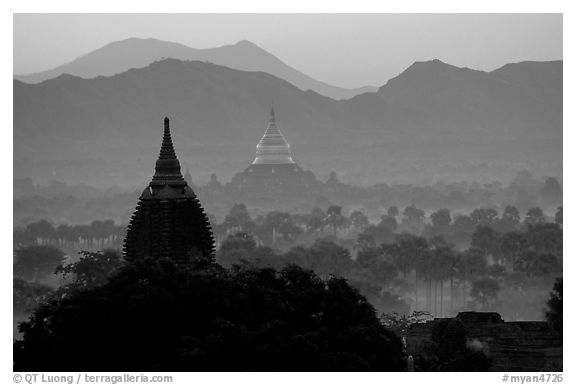 Dhammayazika Paya and mountains at dawn. Bagan, Myanmar