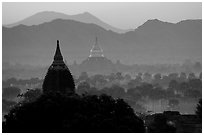 Dhammayazika Paya and mountains at dawn. Bagan, Myanmar (black and white)