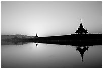 Sunrise on the Mandalay Fort moats. Mandalay, Myanmar (black and white)
