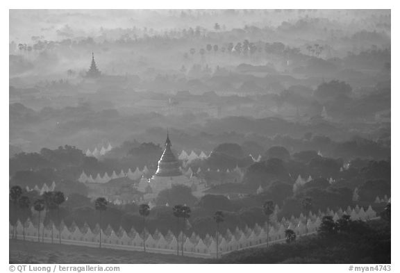 Kuthodaw Paya at sunrise. Mandalay, Myanmar (black and white)