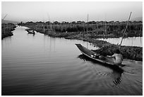 Floating gardens and village. Inle Lake, Myanmar (black and white)