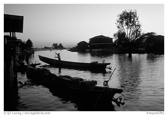 Sunset on the canal at Nyaungshwe. Inle Lake, Myanmar (black and white)