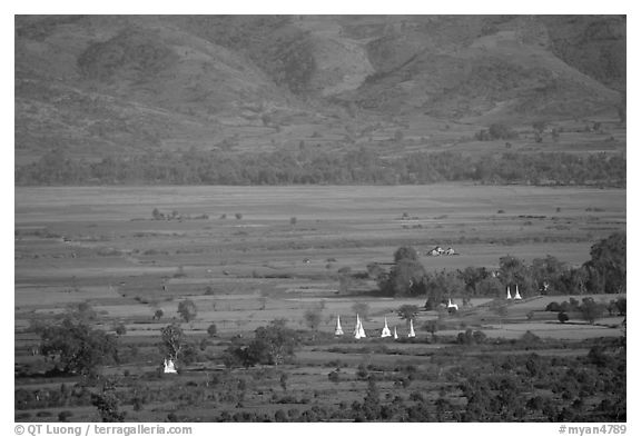 Stupas in the Heho plain. Shan state, Myanmar (black and white)