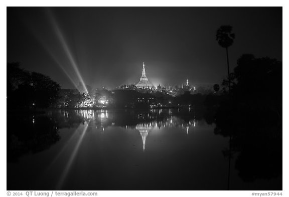 Kandawkyi Lake and 2014 new year lasers. Yangon, Myanmar (black and white)