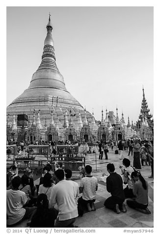 Praying from the Victory Ground, Shwedagon Pagoda, late afternoon. Yangon, Myanmar (black and white)