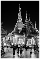 Eastern Main Shrine at night, Shwedagon Pagoda. Yangon, Myanmar ( black and white)