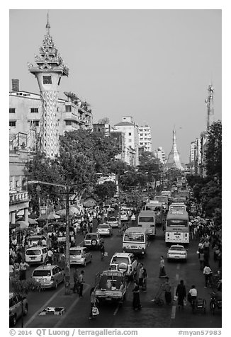 Mahabandoola Lan and Sule Pagoda. Yangon, Myanmar (black and white)