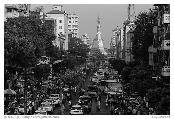 Street with busy traffic leading to Sule Pagoda. Yangon, Myanmar (black and white)