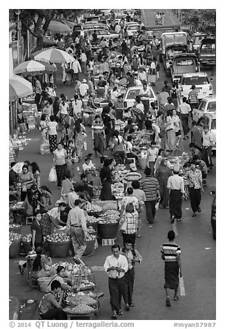 Street crowd from above with fruit and vegetable sellers. Yangon, Myanmar (black and white)