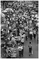 Street crowd from above with fruit and vegetable sellers. Yangon, Myanmar ( black and white)