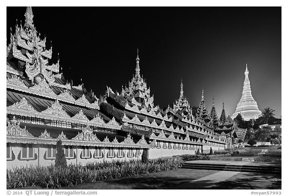 Southern zaungdan and Main Chedi at night, Shwedagon Pagoda. Yangon, Myanmar (black and white)
