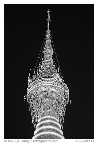 Hti of the Shwedagon Pagoda, adorned with thousands of gems and golden bells. Yangon, Myanmar (black and white)