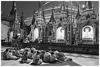 Nuns praying, Shwedagon Pagoda. Yangon, Myanmar ( black and white)