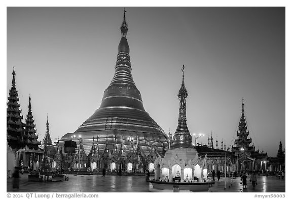 Shwedagon Pagoda gold covered stupa at dawn. Yangon, Myanmar (black and white)