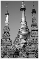 Detail of spires capped with unbrellas, Shwedagon Pagoda. Yangon, Myanmar ( black and white)