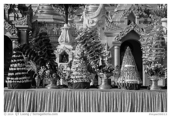 Elaborate offerings, Shwedagon Pagoda. Yangon, Myanmar (black and white)