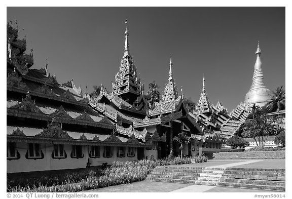 Southern stairway and main Stupa, Shwedagon Pagoda. Yangon, Myanmar (black and white)