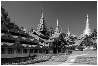 Southern stairway and main Stupa, Shwedagon Pagoda. Yangon, Myanmar ( black and white)