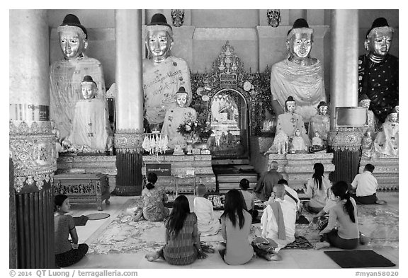 Praying at a Devotion Hall. Yangon, Myanmar (black and white)