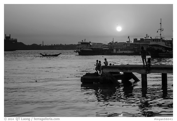 Botataung Pier at sunset, Yangon River. Yangon, Myanmar (black and white)