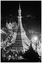 Sule Pagoda and Emmanuel Baptist Church at night. Yangon, Myanmar ( black and white)