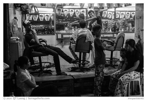 Barbershop at night. Yangon, Myanmar (black and white)